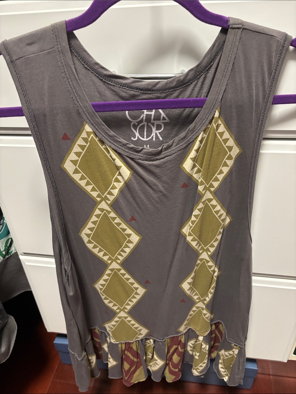 Chaser Gray Tank Top with Olive Diamond Print and Maroon Accents